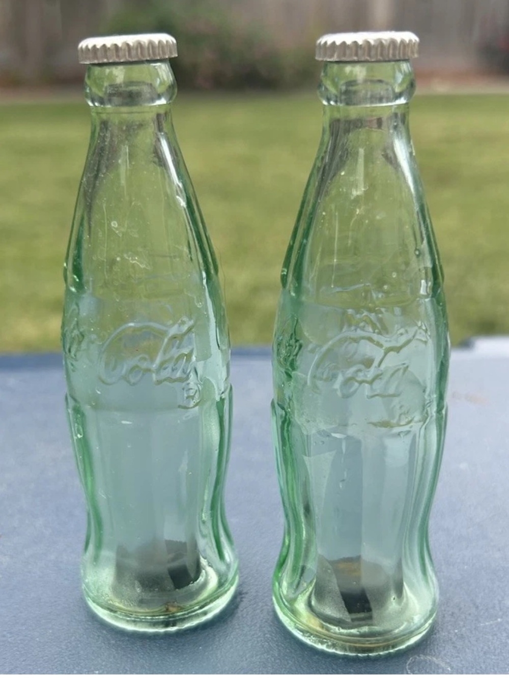 VINTAGE COCA COLA BOTTLE SALT AND PEPPER SHAKERS- GREEN GLASS